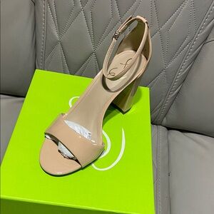 Sam Edelman Nude Patent Block Heel Sandal with Ankle Strap